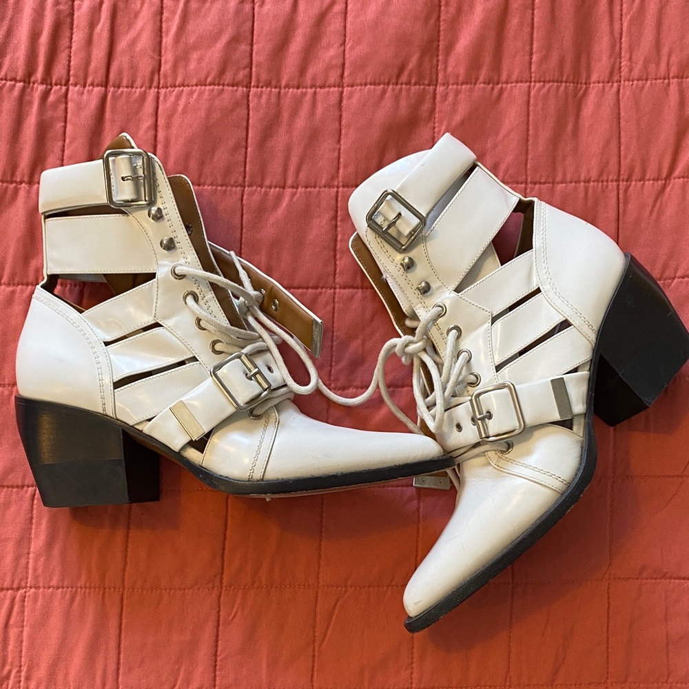 Chloe White Cutout Lace-Up Ankle Boots with Buckle Straps